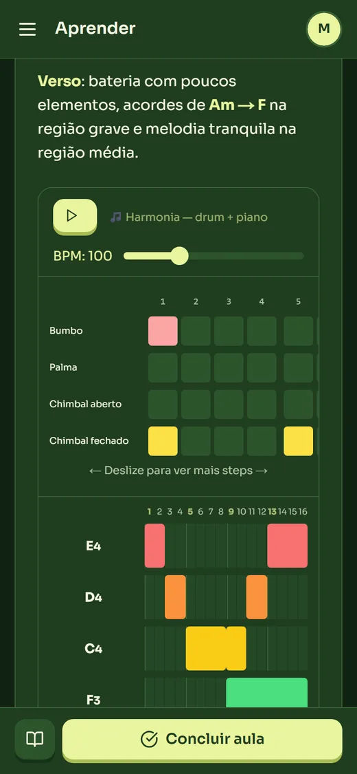 Aula com o sequenciador de bateria dentro do conteúdo