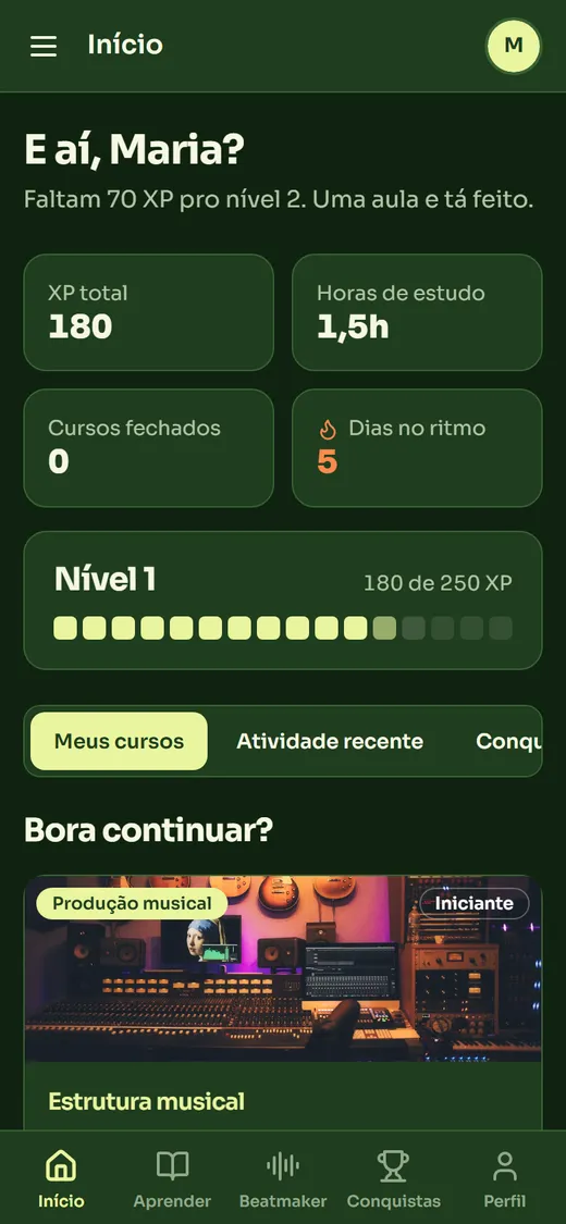 Tela Início do app: nível, XP e dias no ritmo